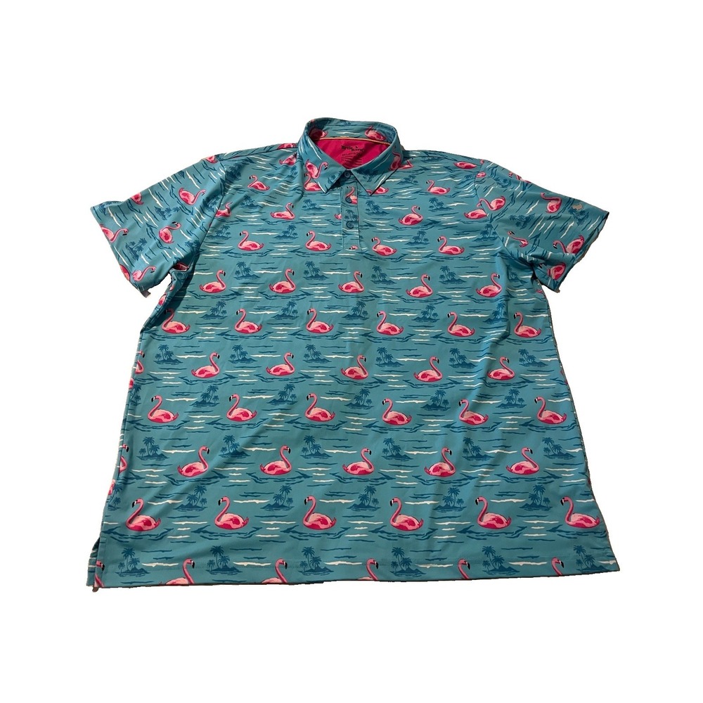 Birdie Bound Polo Shirt Mens 2XL Blue Flamingo AOP Print Golf Beach Stretch